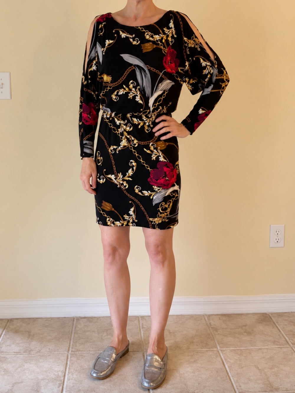 Boston Proper Black Chain Floral Cold Shoulder Mini Dress XS
